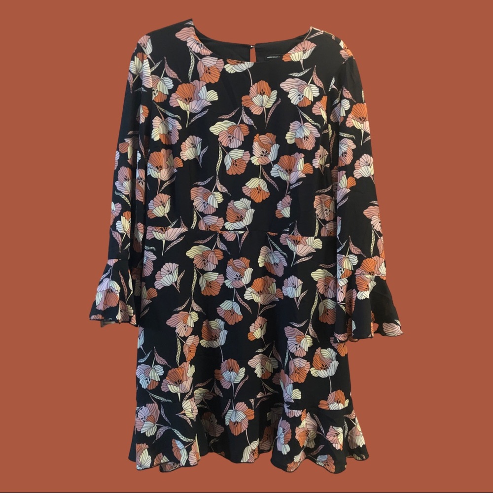Who What Wear Black Floral Dress with fluted sleeves